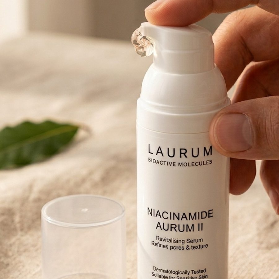 Mano accionando el dispensador airless de Niacinamide Aurum II